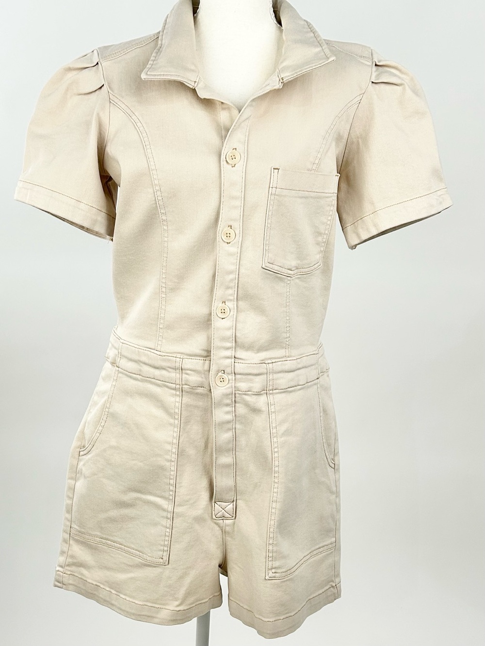 Pilcro Anthropologie Utility Romper Size 14 Cream Denim Puff Sleeve